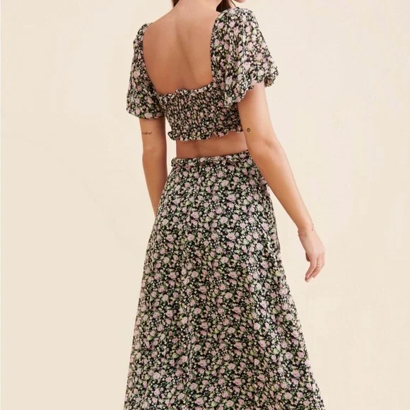 Floral Cutout Midi Dress in Black with Pink Flowers - Picture 2 of 3